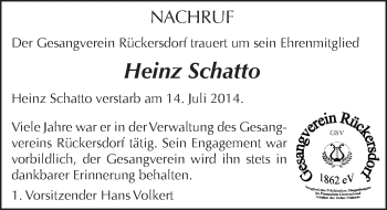 Traueranzeige von Heinz Schatto von Pegnitz-Zeitung
